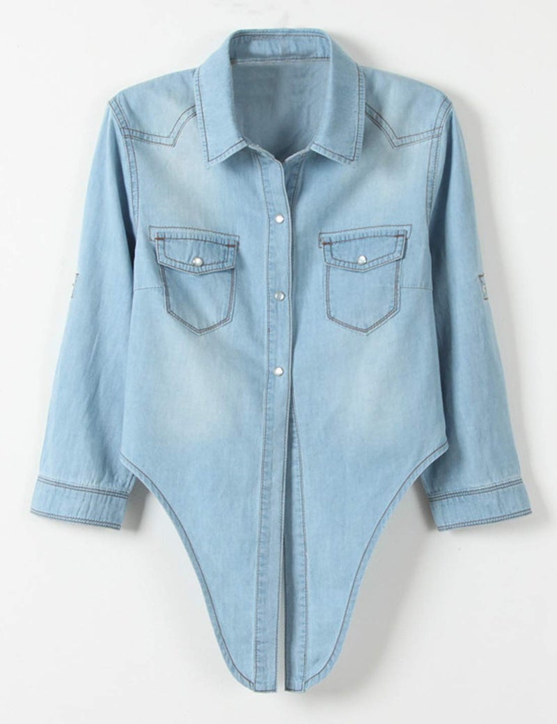 Omoone Women's 3/4 Sleeve Modern Denim Crop Top Tie Knot Shirt Cardigan (0774-Light Blue-XS) - Image 2